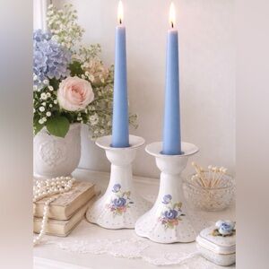Nikko Japan Blue Peony Candlestick Holders 2 Porcelain French country romantic